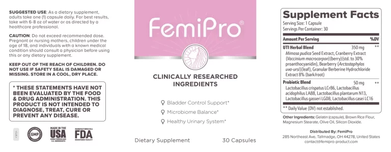 Femi Pro Supplement Label – Full Ingredient List and Supplement Facts for Bladder and Urinary Health Support.