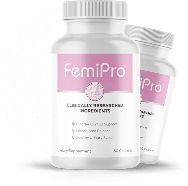 Femi Pro Supplement Bottle – Supports Bladder and Urinary Health, Natural Ingredients for Women's Wellness.